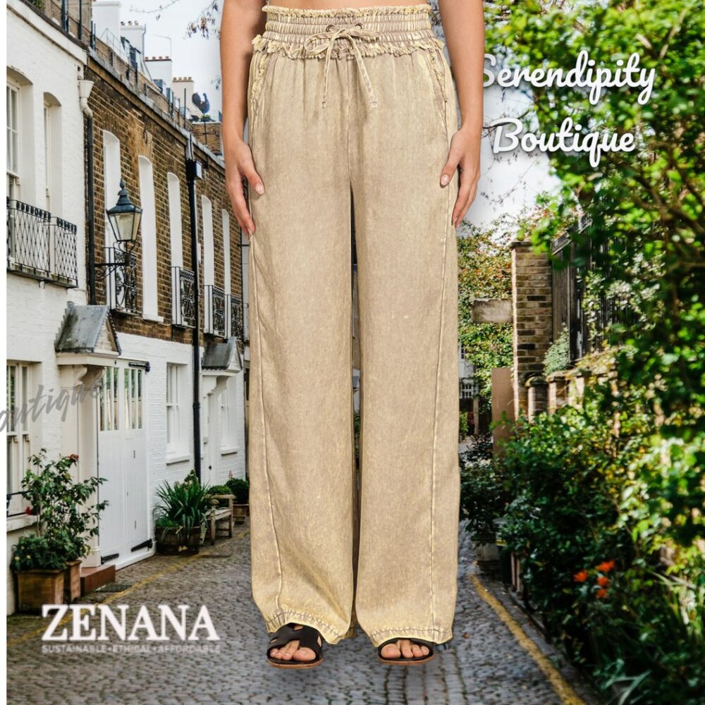 Zenana Mineral Wash Soft Comfy Flare Leg Elastic Drawstring Paper Bag Pants - Picture 3 of 12